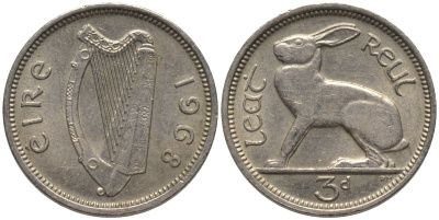 Ирландия 3 пенса 1968 заяц KM 12а медно-никель 4532-964