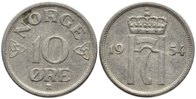 НОРВЕГИЯ 10 ЭРЕ 1954 KM 396 медно-никель 4396-414