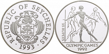 Сейшельские острова 25 рупий 1993 XXV летние олимпийские игры 1992 года в Барселоне, гиманстика, тираж 40000 экз. KM 70 серебро PROOF 04-174-14