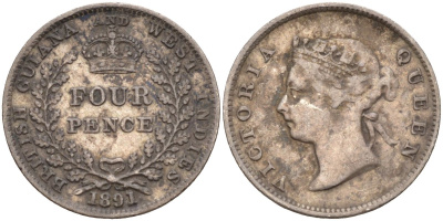 Британская Гвиана и Вест-Индия 4 пенса 1891 Виктория (1837-1901) KM 26 серебро 633-1625