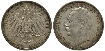 Баден 3 марки 1911 Фридрих II (1907-1918) J. 39, KM 280 серебро    3711-1712