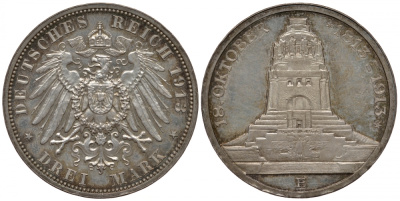 Саксония 3 марки 1913 E, 100-летие победы в битве при Лейпциге (Битве народов) J.140, Weege 136, KM 1275 серебро PROOF 00-812-57