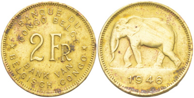 Бельгийское Конго 2 франка 1946 слон KM 28 латунь 4541-1022