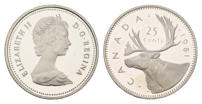Канада 25 центов 1981 Елизавета II (1952-2022), олень KM 74 никель PROOF 441-335