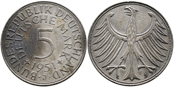 ФРГ 5 марок 1951 J (Гамбург), J. 387, KM 112.1 серебро 4389-324