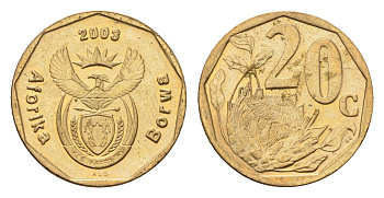 ЮАР 20 центов 2003 герб, цветок протея KM 327 сталь плакированная бронзой UNC 4687-552