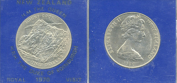 Новая Зеландия 1 доллар 1970 гора Кука, Аораки, Елизавета II (1952-2022), в оригинальной пластиковой упаковке KM 42 медно-никель UNC 06-059-2