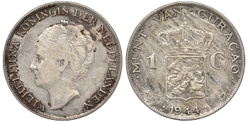 Нидерландское Кюрасао 1 гульден 1944 D, Вильгельмина (1890-1948) KM 45 серебро 36-131
