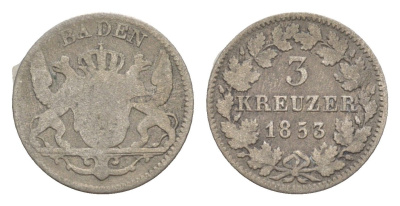 Баден 3 крейцера 1853 Леопольд (1830-1852) KM 211 серебро 4604-954