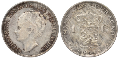 Нидерландское Кюрасао 1 гульден 1944 D, Вильгельмина (1890-1948) KM 45 серебро 36-131