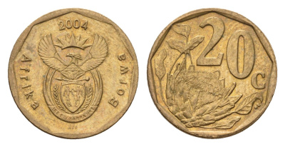 ЮАР 20 центов 2004 герб, цветок протея KM 328 сталь плакированная бронзой UNC 4687-558