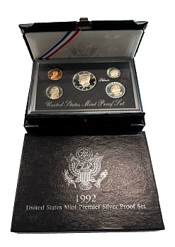 США официальный набор из 5 монет, в престижной упаковке 1992 S, Джон Кеннеди, в твердом пластике, Premier Silver Proof Set KM PS 172 серебро  PROOF  14-01-02-13