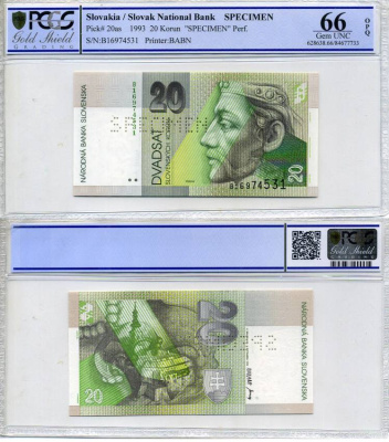 Словакия 20 крон 1993 образец, Specimen, перфорация, в слабе PCGS 66 Gem UNC Pick 20 as бумага UNC (пресс) 452-1-92