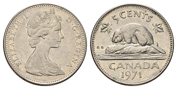 Канада 5 центов 1971 Елизавета II (1952-2022), бобр KM 60.1 никель 4689-362