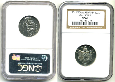 Албания 1/2 лека 1931 Геракл разрывает Немейского льва, пробный выпуск, PROVA, в слабе NGS SP 65 KM 13 var никель PROOF 15-006-18