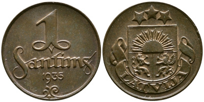 Латвия 1 сантим 1935 первая Республика (1918-1939) KM 1 бронза 86-242