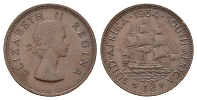 ЮАР 1 пенни 1954 Елизавета II (1952-2022), парусник KM 46 бронза 4526-926