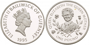 Гернси 1 фунт 1995 Королева Елизавета, королева мать KM 77 серебро PROOF 1094-7-41