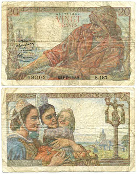 ФРАНЦИЯ 20 ФРАНКОВ 1948 14 ОКТЯБРЯ 1948 Pick 100с бумага 6262-48-2-2