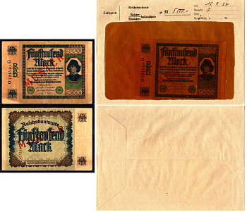 Германия 5000 марок 1922 16 сентября, MUSTER, образец, Specimen. В оригинальном банковском конверте. Из коллекции Отто Сейфферта (помощник Ялмара Шахта - министра экономики Германии и президента Рейхсбанка времен третьего рейха) Pick 77 s, Grabowski DEU 8