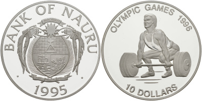 Науру 10 долларов 1995 Олимпийские игры 1996 года в Атланте, тяжелая атлетика, штангист KM 9 серебро PROOF 000-000-00
