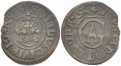 Ливония 1 солид (шелаг, шиллинг) 1633 ГУСТАВ II АДОЛЬФ (1611-1632), ШВЕДСКАЯ ОККУПАЦИЯ, ВЕС 0,39 KM 9 серебро 1517-1045