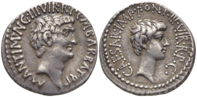 Римская Республика денарий 41 г. до н.э. Марк Антоний и Октавиан, квестор М. Барбатий Поллион M ANT IMP AVG IIIVIR R P C M BARBAT Q P голова Марка Антония, обращенная вправо / CAESAR IMP PONT IIIVIR R P C голова Октавиана, обращенная вправо,