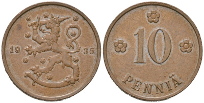 Финляндия 10 пенни 1935 KM 24 медь aUNC 4586-535