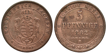 Саксония 5 пфеннигов 1862 B, Иоганн (1854-1873) KM 1218 медь 4681-1236
