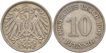 Германия 10 пфеннигов 1907 E J. 13,  KM 12 медно-никель    4603-723