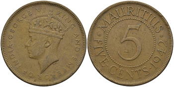 Маврикий 5 центов 1942 SA, Георг VI (1937-1952) KM 20 бронза 97-931