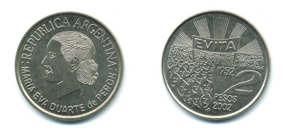 Аргентина 2 песо 2002 Мария Эва Дуарте де Перон KM 135 медно-никель UNC 37-836