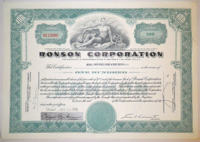 США, RONSON CORPORATION 100 АКЦИЙ 1968 США бумага 00-00