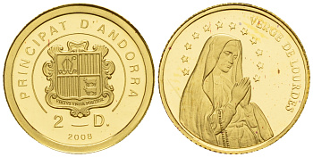 Андорра 2 динера 2008 Лурдес KM 413 золото PROOF 00-801-11