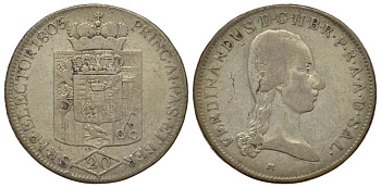 Австрия, Зальцбург 20 крейцеров 1805 М, Фердинанд III (великий герцог Тосканский) (1803-1806) KM 496, HZ 3412, Pr 2610 серебро 1522-741