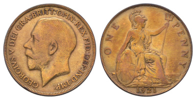 Великобритания 1 пенни 1921 Георг V (1910-1936) KM 810, Spink 4051 бронза 4179-143