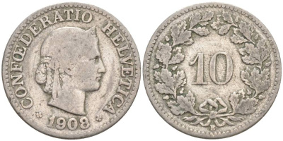 ШВЕЙЦАРИЯ 10 РАППЕНОВ 1908 В KM 27 медно-никель 96-1132