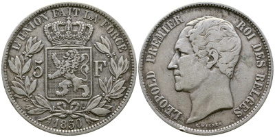 Бельгия 5 франков 1850 Леопольд I (1831-1865) KM 17 серебро 74-1134