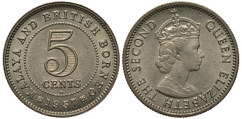 Малайя и Британское Борнео 5 центов 1957 Елизавета II (1952-2022) KM 1 медно-никель 4392-1136