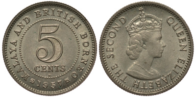Малайя и Британское Борнео 5 центов 1957 Елизавета II (1952-2022) KM 1 медно-никель 4392-1136