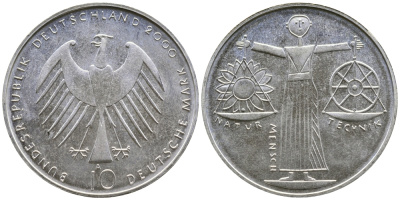 ФРГ 10 марок 2000 A, EXPO 2000 KM 199 серебро UNC 4111-416