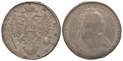 Россия 1 рубль 1734 Анна Иоановна (1730-1740), без броши на груди, 8 жемчужин в волосах, портрет типа 1735 года Биткин 110 R серебро 10-015-10