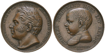 Франция медаль в память о смерти Шарля-Фердинанда, герцога Беррийского 1820 на аверсе - младенческий бюст герцога, на реверсе - зрелый бюст герцогавес, медальер (без подписи) Раймон Гайрар, 15,67 гр, диаметр 29 мм бронза UNC 4044-134