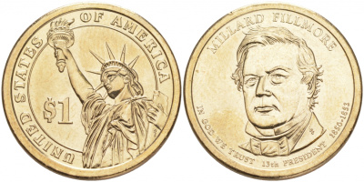 США 1 доллар 2010 Президент США - Миллард Филлмор (1850-1853) KM 475 медь с марганцево-латунным покрытием UNC M31-11