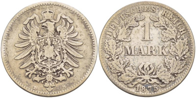 Германия 1 марка 1875 D Weege 17, J. 9, KM 7 серебро 4544-633