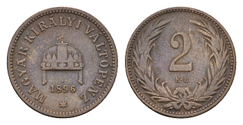 Венгрия 2 филлера 1896 KB, Франц Иосиф I (1848-1916) KM 481 бронза 181-1137