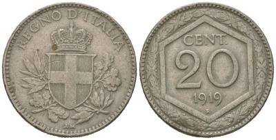 Италия 20 чентезимо 1919 R, Виктор Эммануил III (1900-1946) KM 58 медно-никель 4615-629