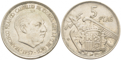 ИСПАНИЯ 5 ПЕСЕТ 1957 (59) ФРАНСИСКО ФРАНКО ДИКТАТОР ИСПАНИИ (1939-1975) KM 786 медно-никель 87-1524
