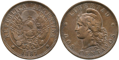 Аргентина 2 сентаво 1887 голова Свободы влево, самый редкий год, тираж 363000 экземпляров KM 8 бронза 00-00