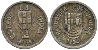 ПОРТУГАЛЬСКАЯ ИНДИЯ 2 ТАНГИ 1934 KM 20 медно-никель 100-1247
